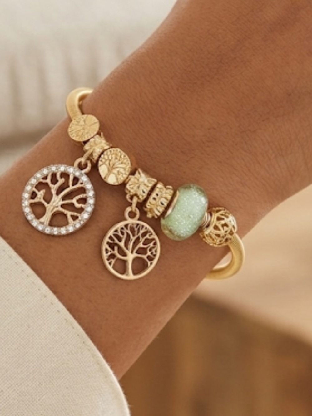 Gold Tree of Life Charm Bracelet with Glitter Beads